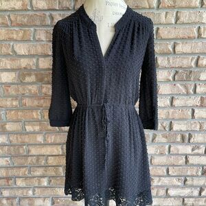 Madison Marcus Black Silk Blend Swiss Dot Textured Dress with Lace Detail.